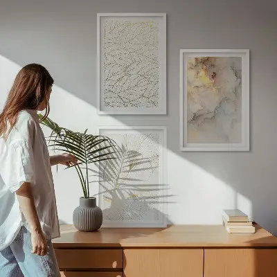 Three-piece abstract marble leaf wall art set with a modern decorative pattern