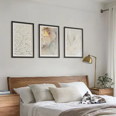 Three-piece abstract marble leaf wall art set with a modern decorative pattern