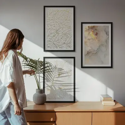Three-piece abstract marble leaf wall art set with a modern decorative pattern