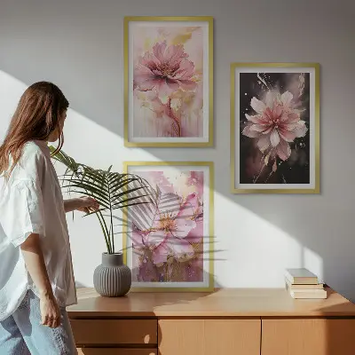 Three-piece floral wall art set with roses and white compositions