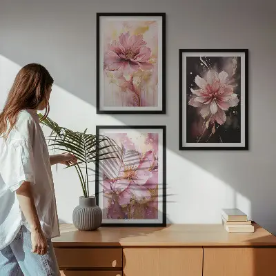 Three-piece floral wall art set with roses and white compositions