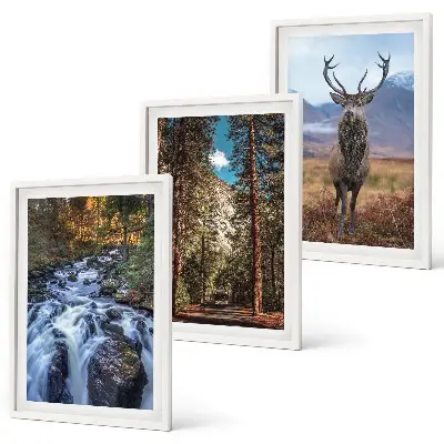 Three-piece wall art set featuring a waterfall in a mountain forest with deer and nature scenery
