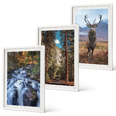 Three-piece wall art piece Waterfall forest mountains deer nature