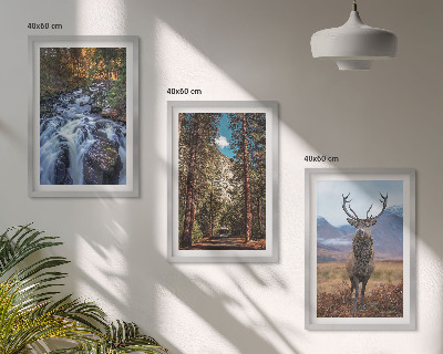 Three-piece wall art piece Waterfall forest mountains deer nature