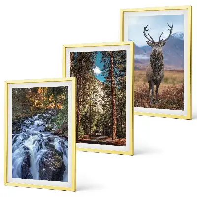 Three-piece wall art set featuring a waterfall in a mountain forest with deer and nature scenery