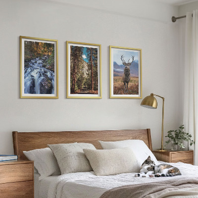 Three-piece wall art piece Waterfall forest mountains deer nature