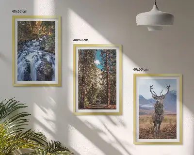 Three-piece wall art set featuring a waterfall in a mountain forest with deer and nature scenery