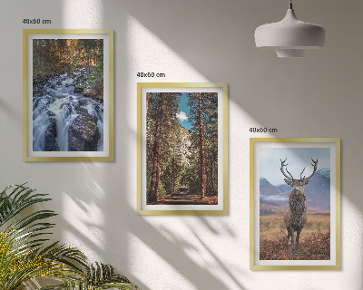 Three-piece wall art piece Waterfall forest mountains deer nature