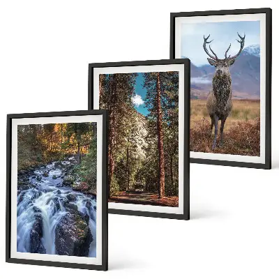Three-piece wall art set featuring a waterfall in a mountain forest with deer and nature scenery
