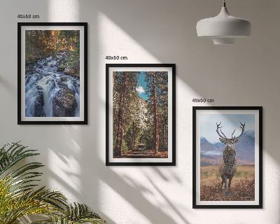 Three-piece wall art piece Waterfall forest mountains deer nature