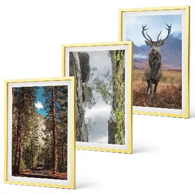 Set of 3 framed wall art pieces featuring a road through a forest with mountains and a deer