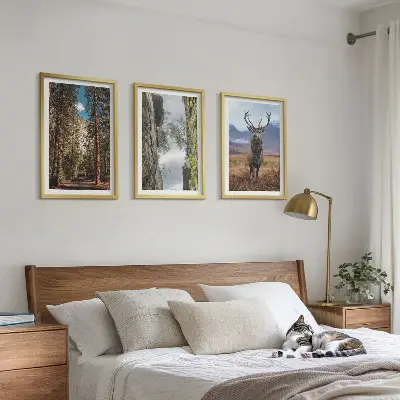 Set of 3 framed wall art pieces featuring a road through a forest with mountains and a deer