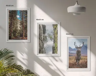 Set of 3 framed wall art pieces featuring a road through a forest with mountains and a deer