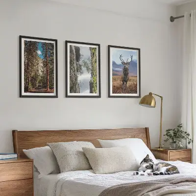 Set of 3 framed wall art pieces featuring a road through a forest with mountains and a deer