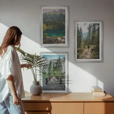 Wall art set featuring mountains, lakes, forests, and paths