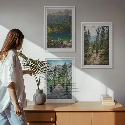 Wall art set featuring mountains, lakes, forests, and paths