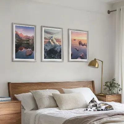 Three-piece wall art set featuring mountain landscape scenery