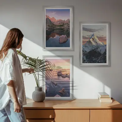 Three-piece wall art set featuring mountain landscape scenery