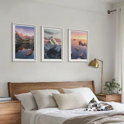 Three-piece wall art set featuring mountain landscape scenery