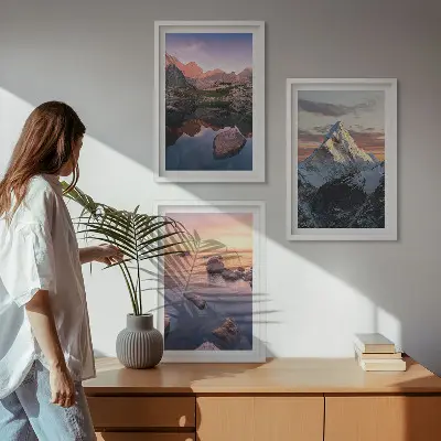 Three-piece wall art set featuring mountain landscape scenery