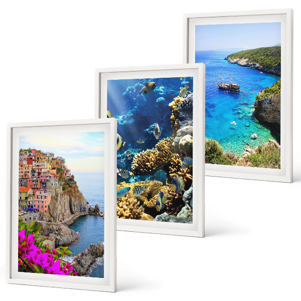 Set of 3 framed wall art pieces Seaside views, colorful houses