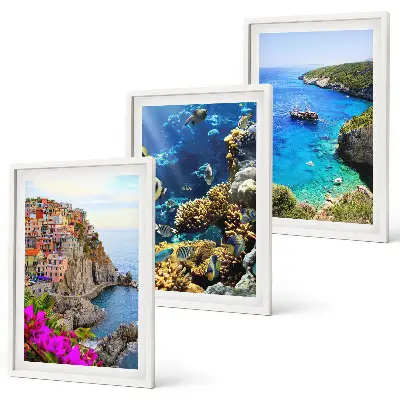Set of 3 framed wall art pieces seaside views with colorful houses