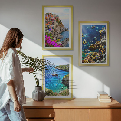 Set of 3 framed wall art pieces Seaside views, colorful houses