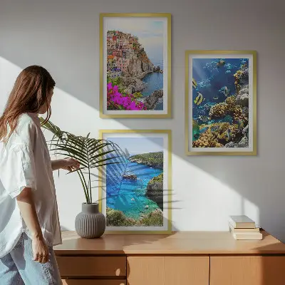 Set of 3 framed wall art pieces seaside views with colorful houses