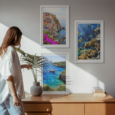 Set of 3 framed wall art pieces Seaside views, colorful houses