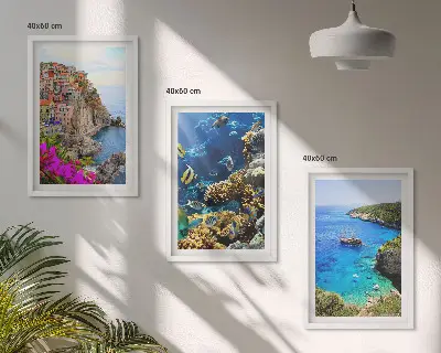 Set of 3 framed wall art pieces seaside views with colorful houses