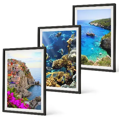 Set of 3 framed wall art pieces seaside views with colorful houses