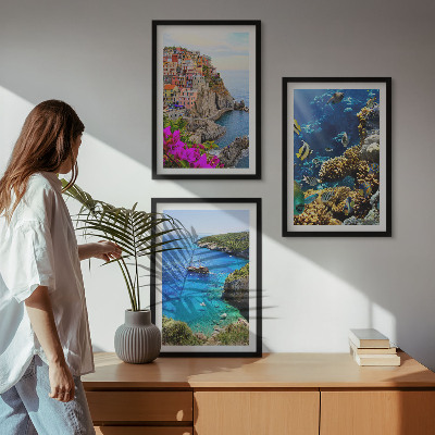Set of 3 framed wall art pieces Seaside views, colorful houses