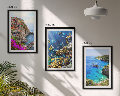 Set of 3 framed wall art pieces Seaside views, colorful houses
