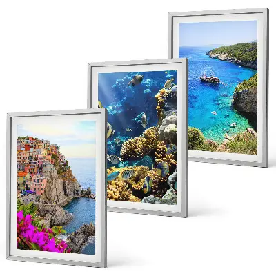 Set of 3 framed wall art pieces seaside views with colorful houses