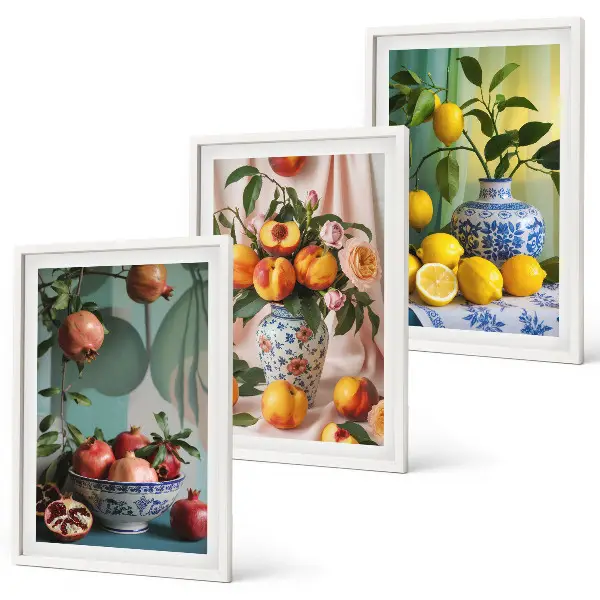 Wall art set featuring pomegranates, peaches, and lemons