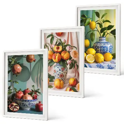Wall art set featuring pomegranates, peaches, and lemons