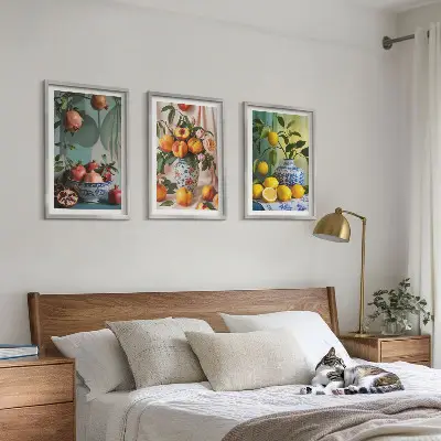 Wall art set featuring pomegranates, peaches, and lemons