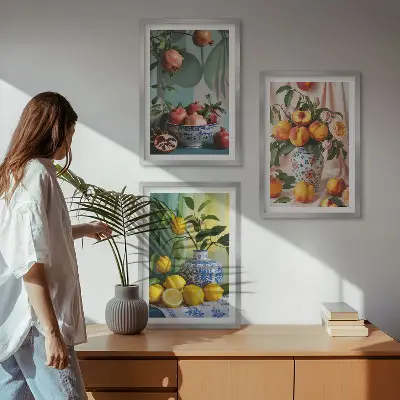 Wall art set featuring pomegranates, peaches, and lemons