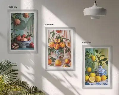 Wall art set featuring pomegranates, peaches, and lemons