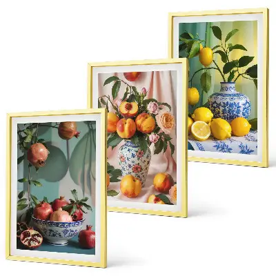 Wall art set featuring pomegranates, peaches, and lemons