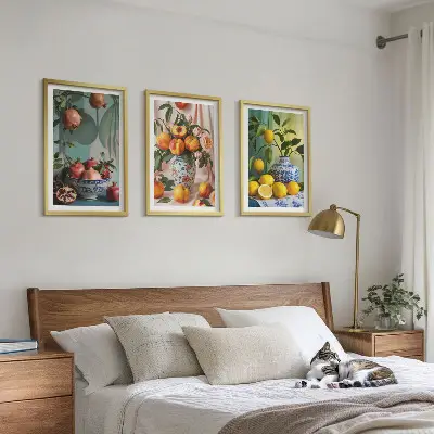 Wall art set featuring pomegranates, peaches, and lemons