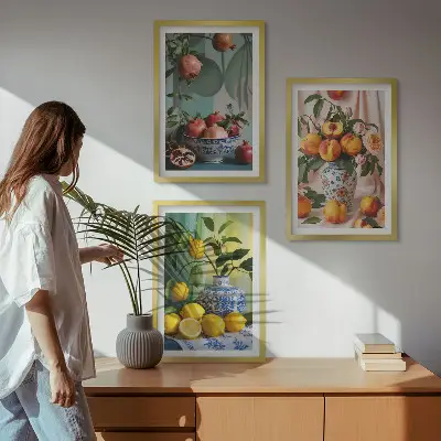 Wall art set featuring pomegranates, peaches, and lemons