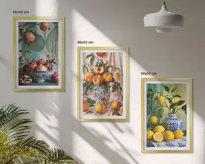 Wall art set featuring pomegranates, peaches, and lemons