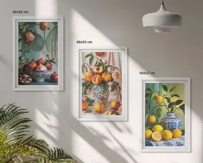 Wall art set featuring pomegranates, peaches, and lemons