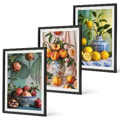 Wall art set featuring pomegranates, peaches, and lemons
