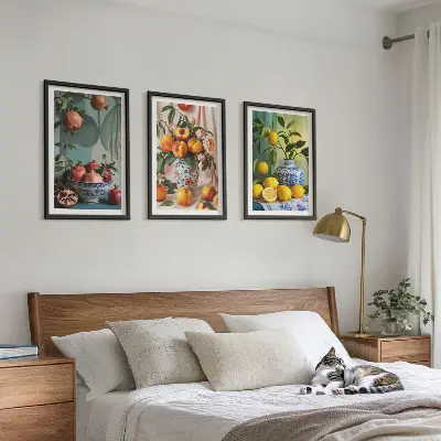 Wall art set featuring pomegranates, peaches, and lemons
