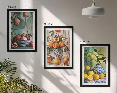 Wall art set featuring pomegranates, peaches, and lemons