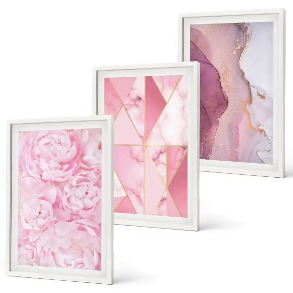 Pink Geometric Peonies wall art three-piece set