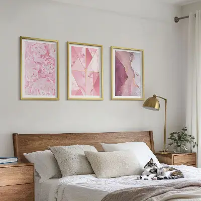 Pink Geometric Peonies wall art three-piece set