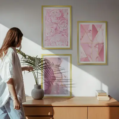 Pink Geometric Peonies wall art three-piece set